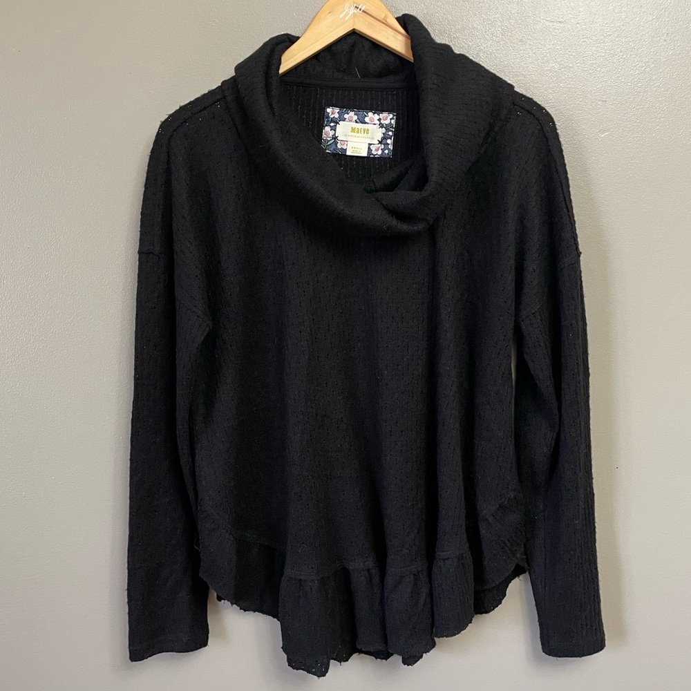 MAEVE by ANTHROPOLOGIE small Black Addie Ruffled Hacci Pullover Sweater